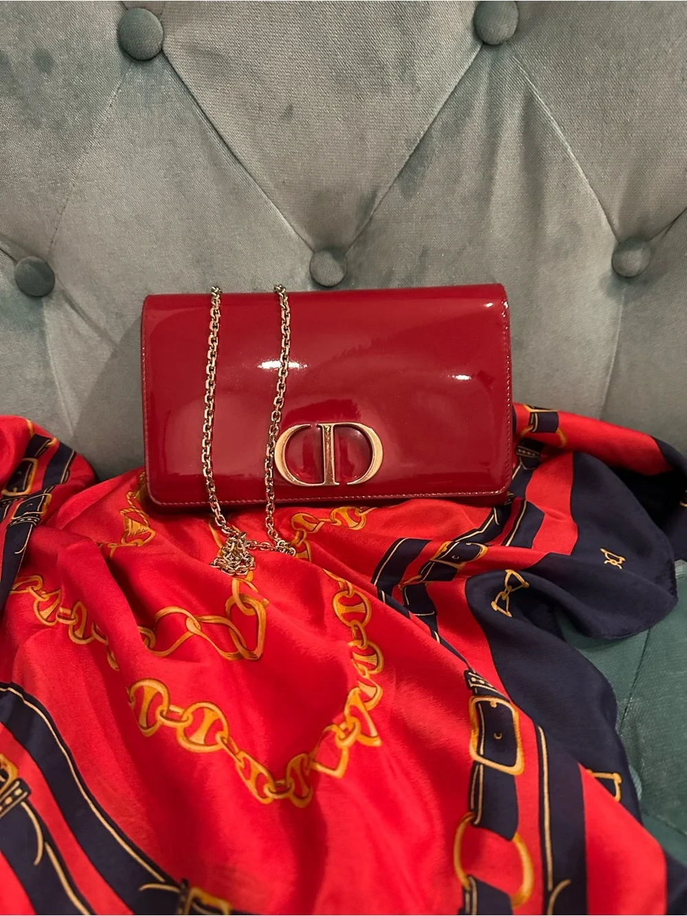 Dior Red Patent Leather Clutch with Gold CD Emblem and Chain